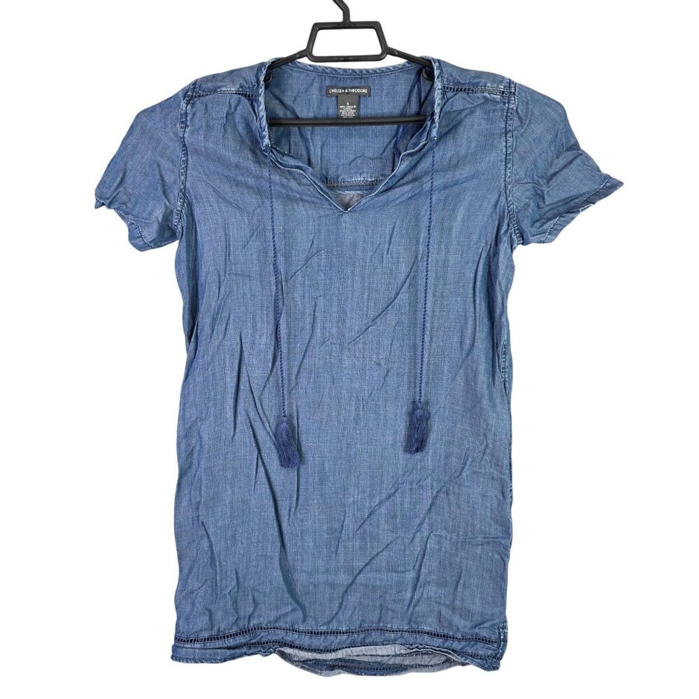 Womens Chelsea & Theodore Blue 100% Tencel Tunic Top Short Sleeve Drawstrings S